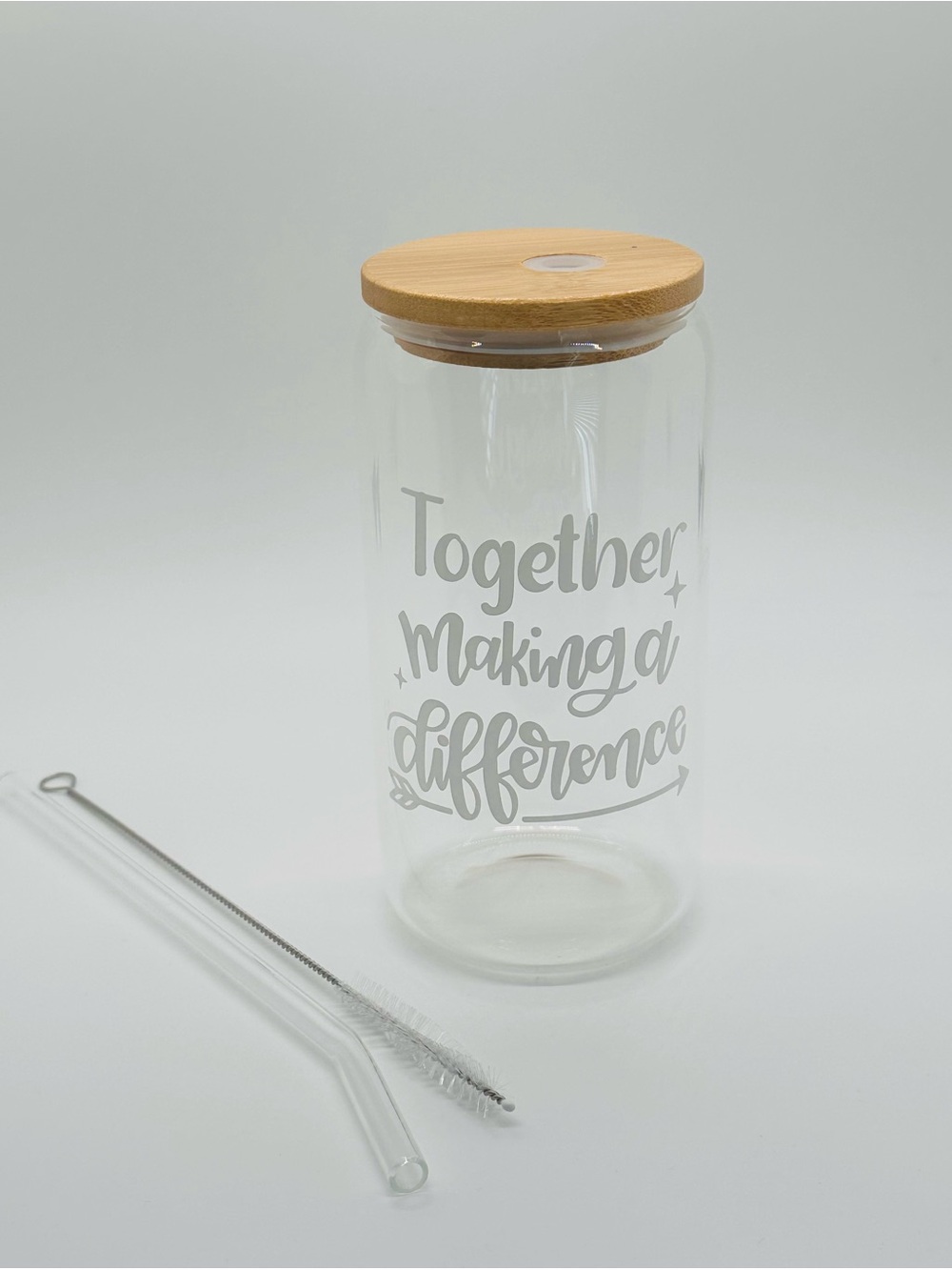 Glass Water Bottle with Bamboo Lid - "Together Making a Difference"